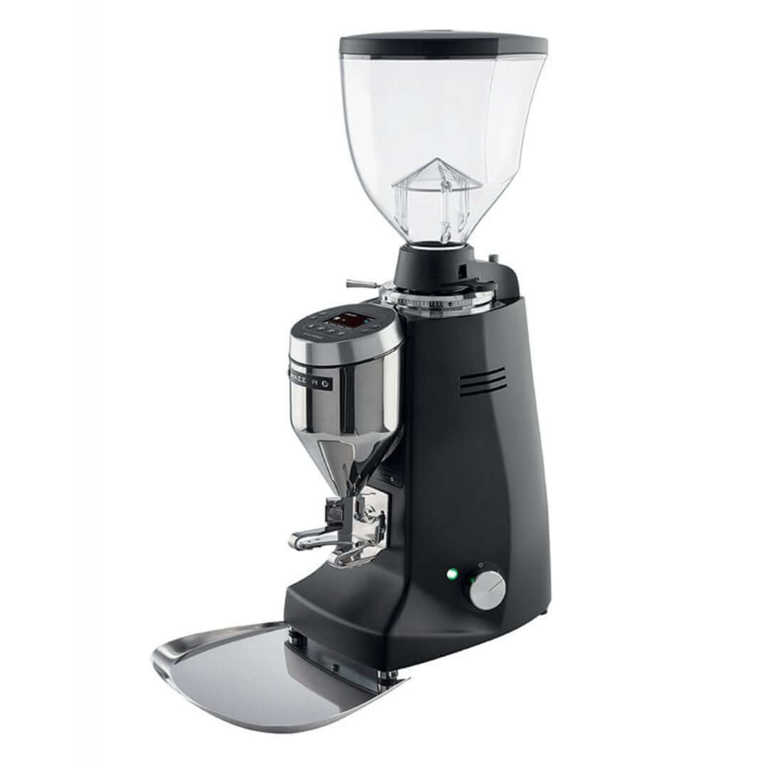 Commercial coffee grinder with digital display and large clear bean hopper on white background
