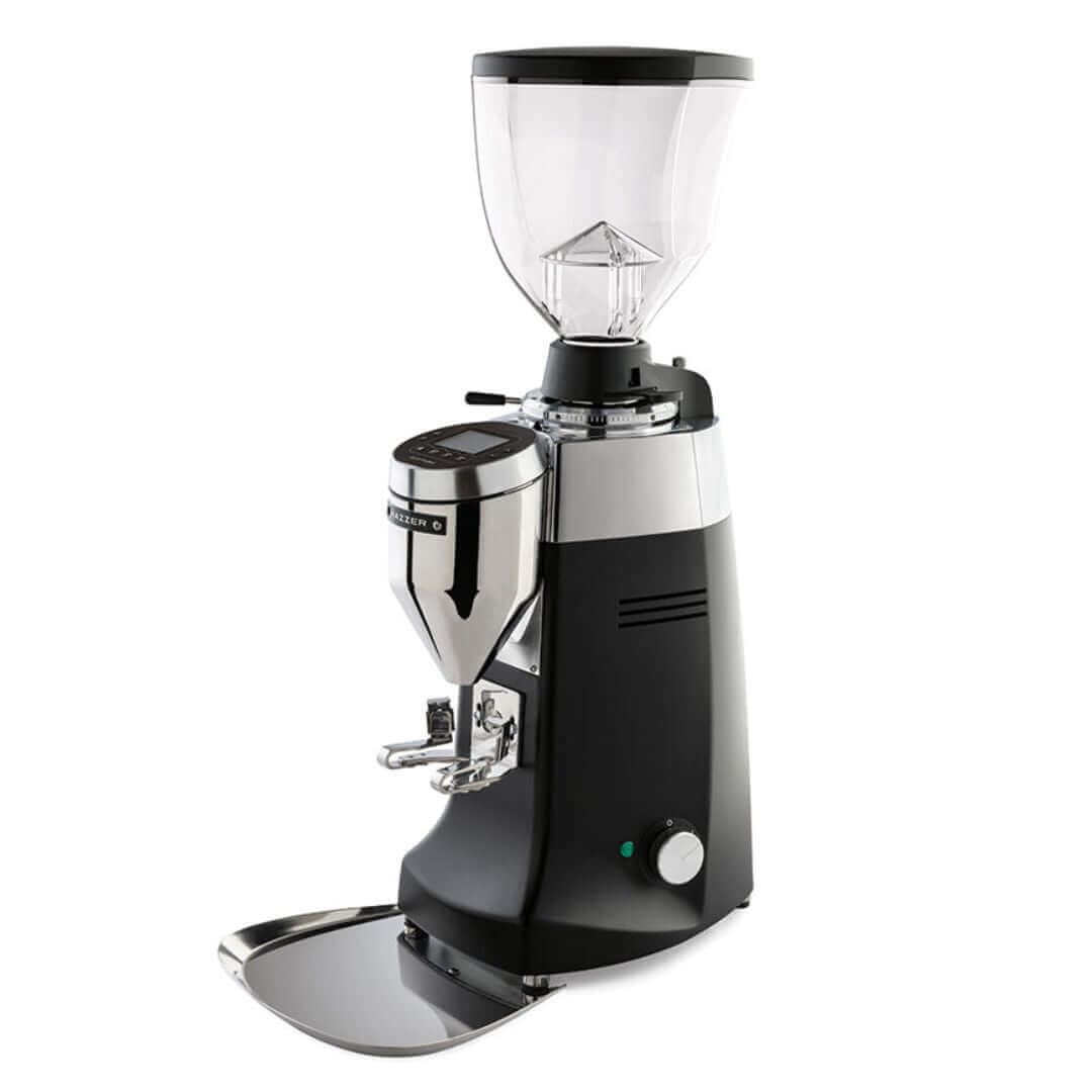 Professional espresso coffee grinder with large bean hopper and digital display on white background