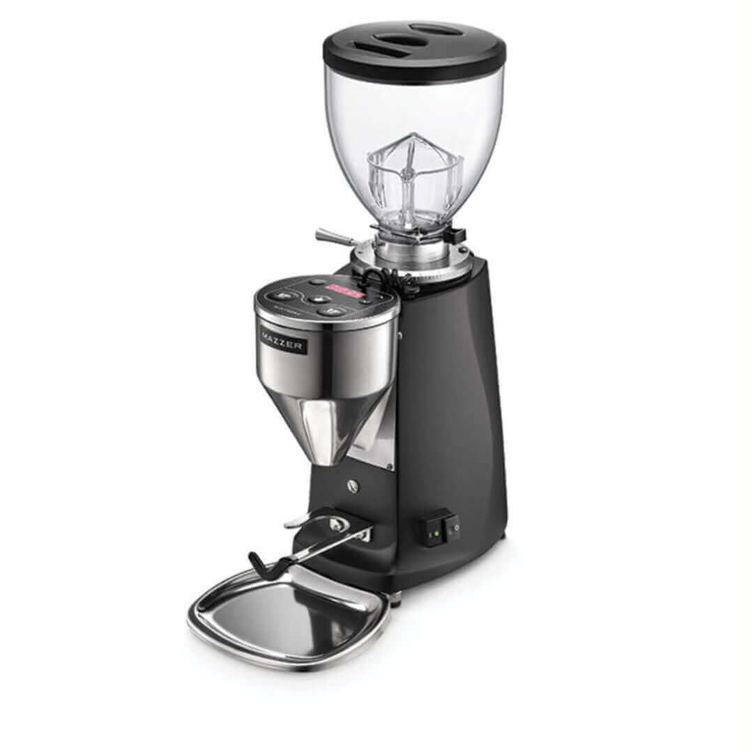 Black and silver Mazzer Mini coffee grinder with bean hopper on white background