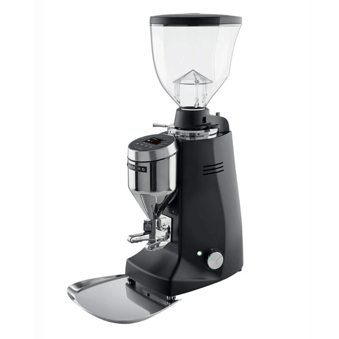 Commercial espresso coffee grinder with digital display and black finish, isolated on white background.